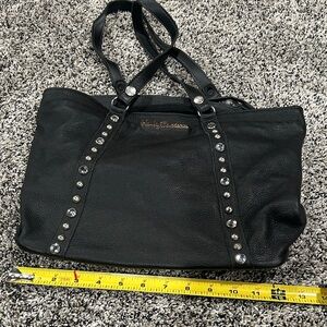 Stud-Accent Vintage Black Leather Tote Bag